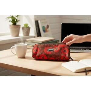 Hadaki Cosmetic Bag Women Small Red Floral NWOT Zippered Travel Pouch